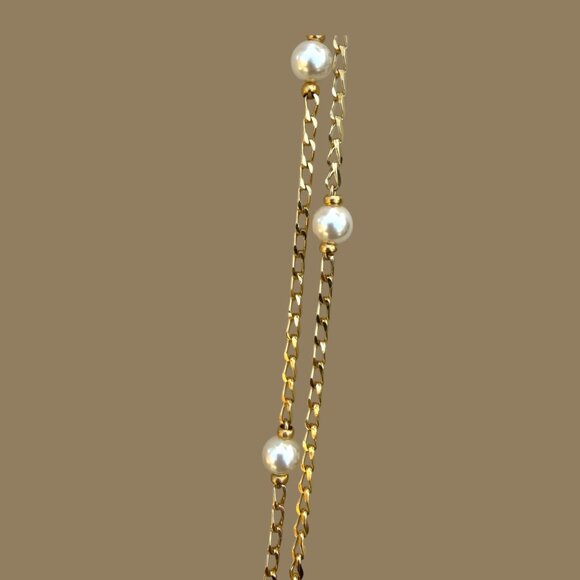 Napier Gold-Tone Double-Strand Chain  Necklace With Faux Pearl Accents- Vintage - Picture 5 of 7